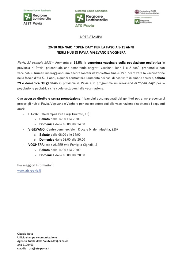 27 gennaio 2022 ATS Pavia vax day bambini 29 30 gennaio