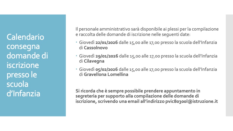 Calendario consegna domande di iscrizione presso le scuola